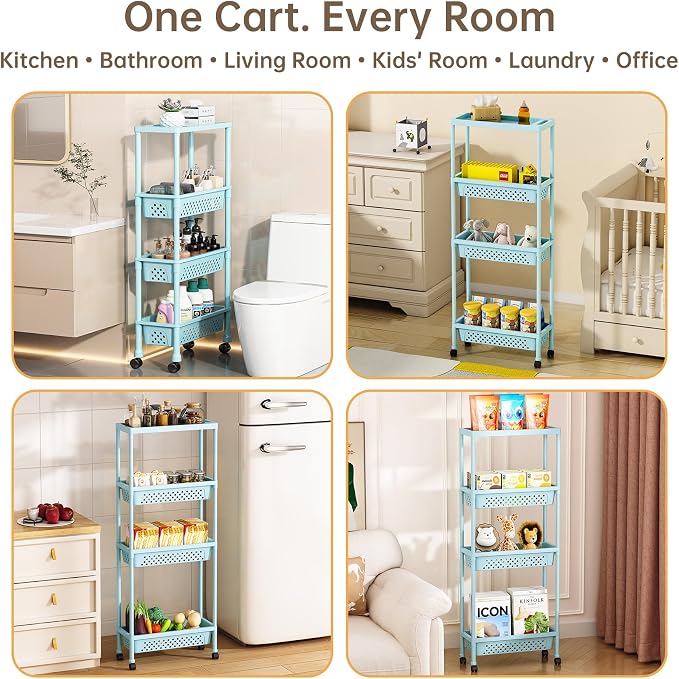 Slim 4 Tier Rolling Storage Cart Narrow Bathroom Organizer on Wheels Blue | 6.7" wide for tight bathroom/kitchen gaps, extra-tall tier, 360° casters, quick-dry shelves, tool-free storage rack - Image 2