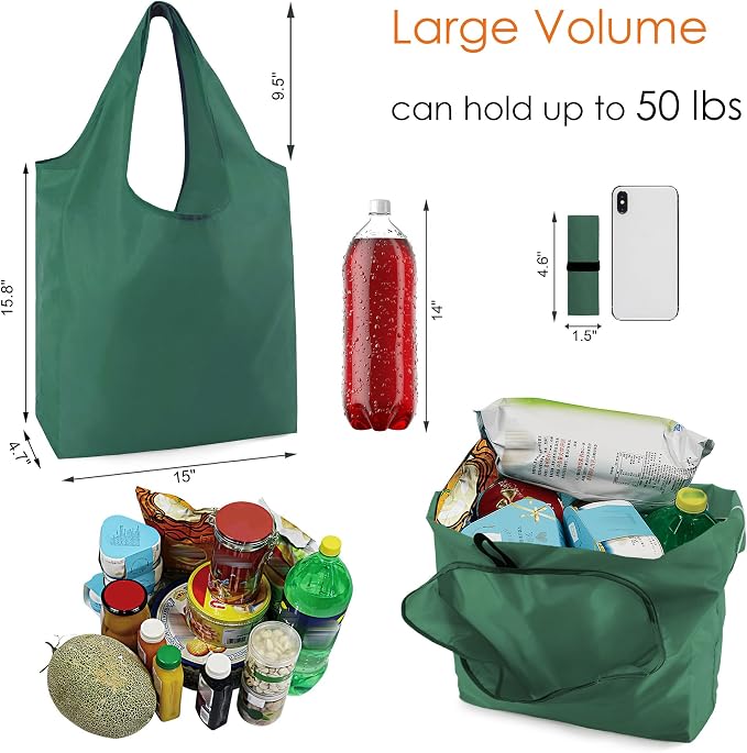 BeeGreen Christmas Green Reusable Grocery Bags Dark Green Reusable Kitchen Bags Bulk Foldable-Machine Washable with Zipper Storage Pouch 50 Packs - Image 3