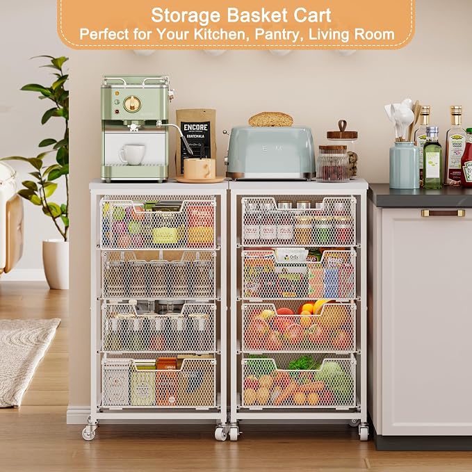 4-Tier Kitchen Storage Cart - Fruit Vegetable Storage Cart with Drawers, Wooden Top Metal Wire Kitchen Organizer and Storage Cart with Wheels to Storage Onions Potatoes Cans Snacks for Kitchen - Image 5