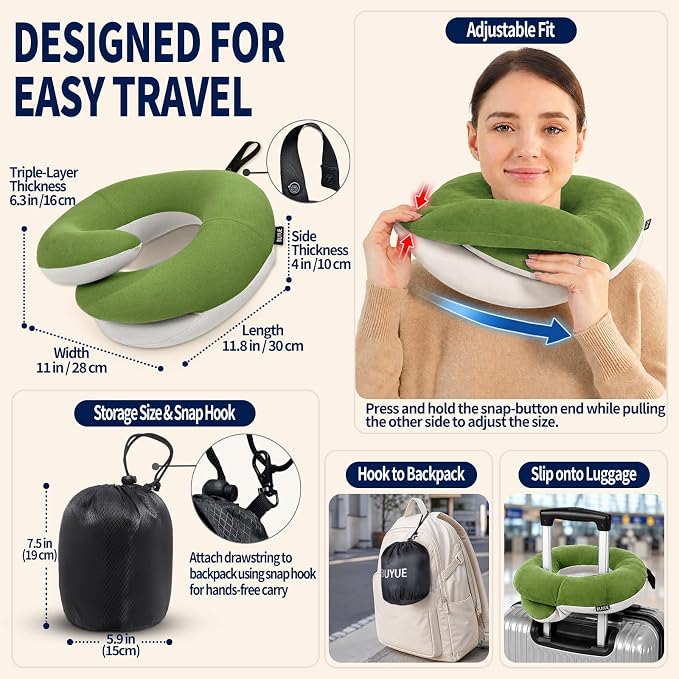 Travel Neck Pillows for Airplanes, Memory Foam 360° Head Support Sleep for Long Flight, Skin-Friendly & Breathable, Kit with Eye Mask, Earplugs and Storage Bag (Adult, Green, 90+ lbs) - Image 5