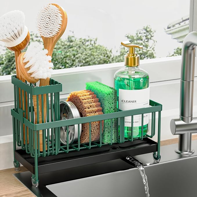 Cisily Sponge Holder for Kitchen Sink, Sink Caddy Organizer with High Brush Holder, Kitchen Countertop Organizers and Storage Essentials, Rustproof 304 Stainless Steel (Dark Green, 9.25″) - Image 8