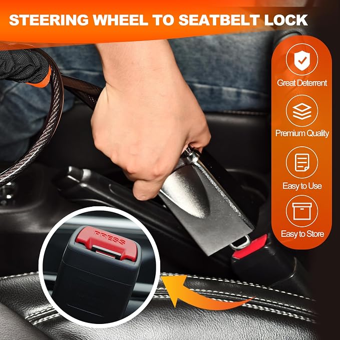 KAYCENTOP Car Steering Wheel Lock, Seat Belt Lock, Car Locks Anti-Theft Device with Aluminum Alloy Lock Housing, Max 17 Inch Length, High Visibility and Light-Weight, Universal Fit, 3Keys(Black) - Image 5