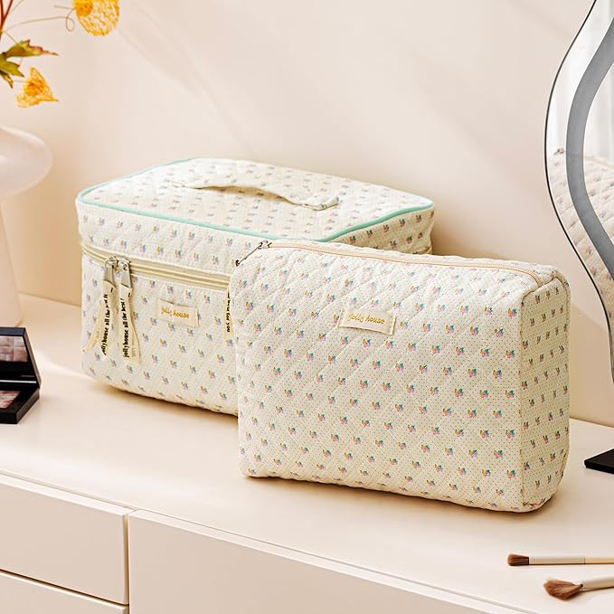 HBselect Quilted Makeup Bag, 3Pcs Cotton Large Travel Makeup Bags Organizer | Cute Floral Make up Bag Cosmetic Bag Toiletry Bag for Women Girls, Makeup Pouch for Skincare, Brushes & Travel Essentials - Image 4