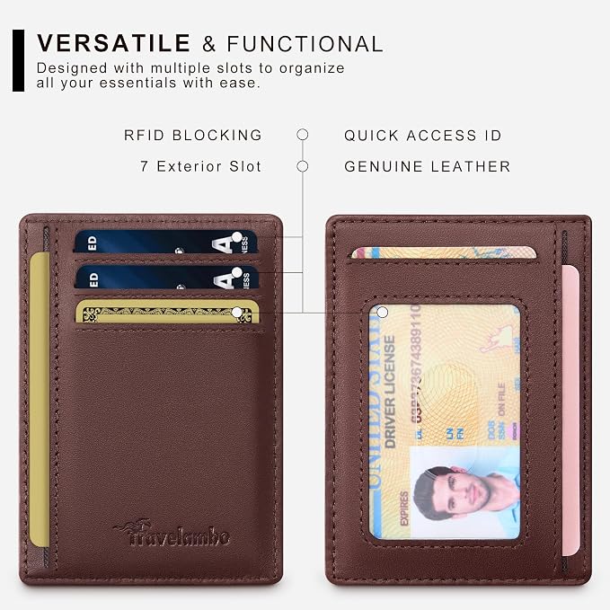 Travelambo 100% Genuine Leather Wallet for Men and Women, Slim Minimalist RFID Blocking Front Pocket Credit Card Holder with Gift Box(Brown 01) - Image 4