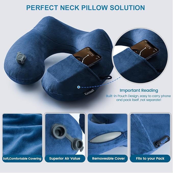 Keemall Inflatable Travel Neck Pillow for Airplane to Relieve Neck Pain | Comfortable U-Shaped Head &Neck Rest with Soft Plush Cover, Great for Long Flights, Car, Train, Office & Home Naps - Image 6
