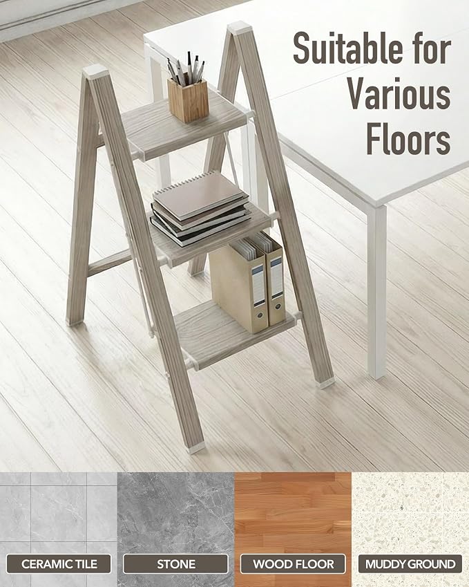 Mayi Plus 3 Step Stool Foldable, Aluminum, Lightweight Step Ladder | Extra-wide anti-slip folding steps with 330 lbs, for home,kitchen,office,outdoor,Fir woodgrain - Image 8
