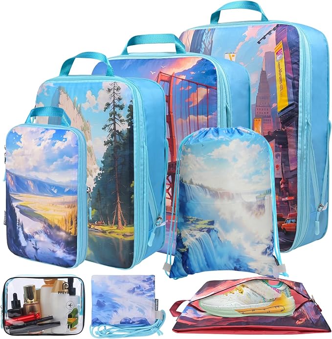 PFEYRPK Lightweight Compression Packing Cubes for Suitcases, Compressible Expandable Travel Packing Organizer with Clear Toiletries and Backpack Bag, Travel Essentials for Carry on Luggage 7 Set by PFEYRPK