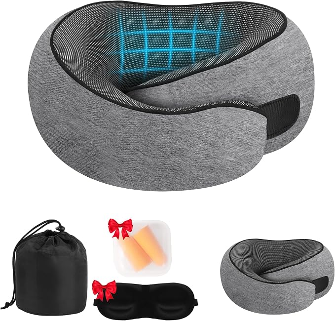 Neck Pillow for Traveling, New Upgraded Travel Neck Pillow, 100% Pure Memory Foam Travel Pillow for Flight Headrest Sleep,Portable Aircraft Accessory,Suitable for use on Plane/Car/Office(Light grey) by Unknown