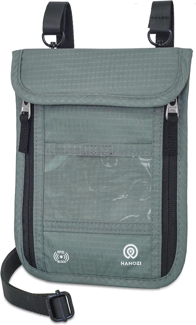 Neck Wallet – Travel Pouch and RFID Blocking Passport Holder for Women and Men, Slim Travel Wallet (Moss Grey) by HANOZI
