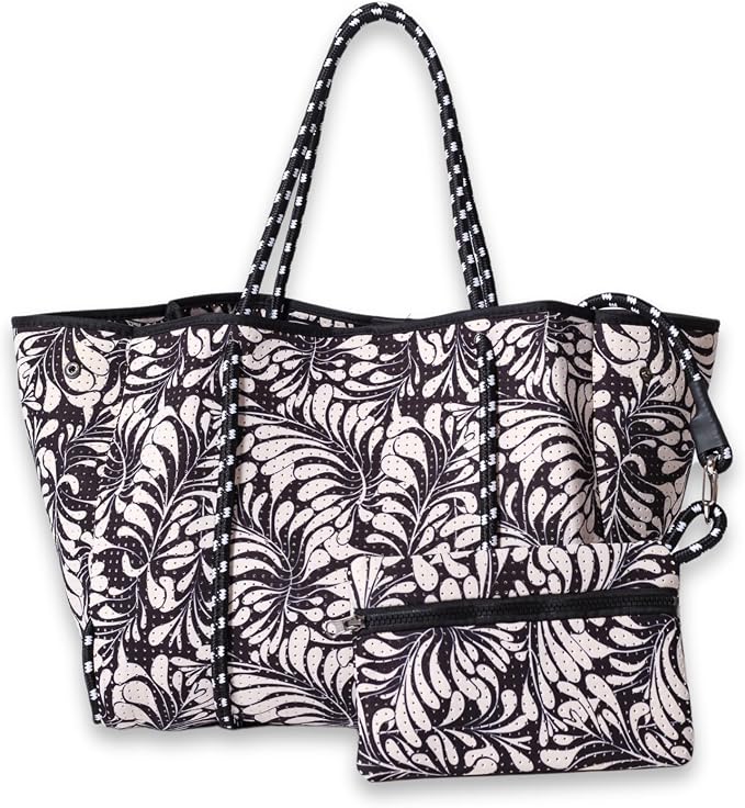POPUPS Large Neoprene Tote Bag for Women - Everyday Designer Handbag for Travel Work and Beach with Pockets and Zipper Pouch by POPUPSBrand