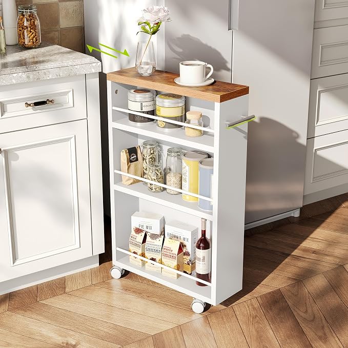 LITTLE TREE 4 Tier Rolling Cart with Wheels, 6.3 Inch Slim Storage Cart, Wooden Snack Cart with Narrow Shelf, White Laundry Room and Bathroom Organizer Shelves - Image 2