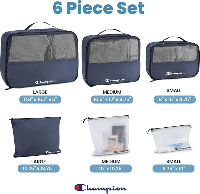 Champion Packing Cubes for Travel - 6 Piece Organizer Set, Carry-On Ready | Breathable mesh, sturdy handles; 3 cubes, 1 laundry bag, 2 zip pouches; zipper closure; fits carry-on and full-size suitcases - Image 2