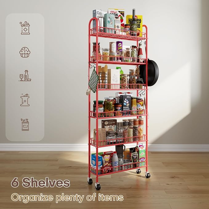 Slim Rolling Storage Cart 6 Tier, Metal Kitchen Rolling Utility Cart with Lockable Wheels for Kitchen, Bathroom, Office, Laundry Room, Small Narrow Spaces (Red 6 Inches) - Image 8