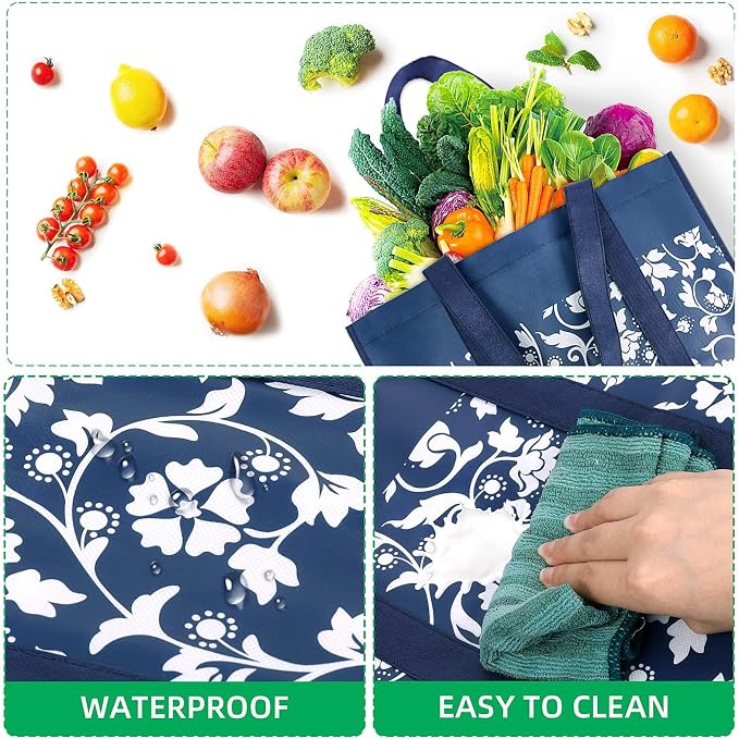 Reusable Grocery Bags Foldable Tote Bags Bulk Shopping Bags 4-Pack, Blue | Reinforced Handles Shopping Bags for Groceries Heavy Duty Kitchen Reusable Grocery Bags with Waterproof Coating - Image 2