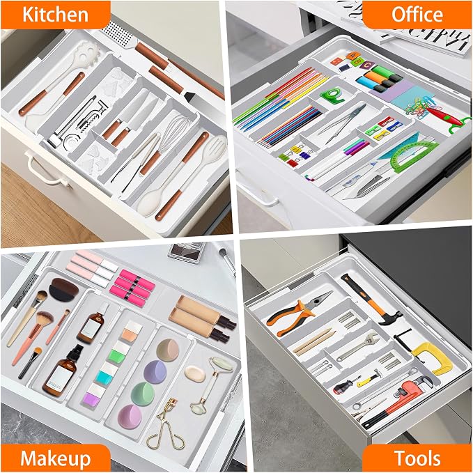 Large Utensil Drawer Organizer Expandable Silverware Organizer for Kitchen Drawer Adjustable Cooking Utensil Holder Cutlery Flatware Tray Spatula Tools Gadgets Storage Dividers Plastic White - Image 9