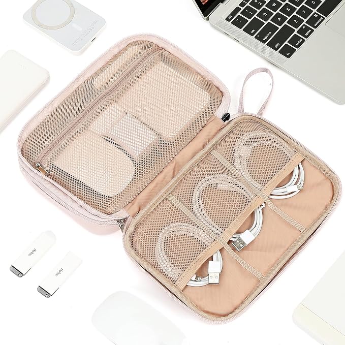 NISHEL Electronics Travel Organizer Cord Case, Charger Cable Tech Bag | Double-layer bag keeps chargers, cables, flash drive, and small tech essentials organized for trip, Large, Pink - Image 7