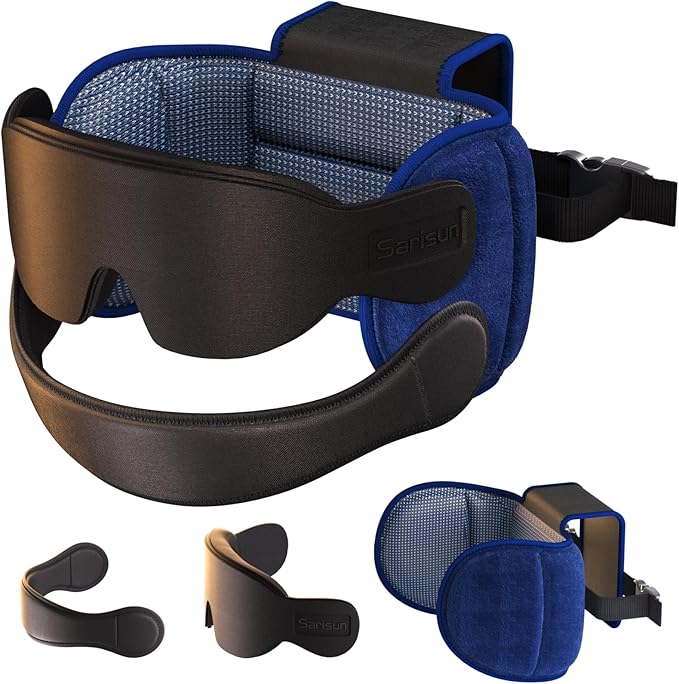 SARISUN Travel Pillow with Chin Strap for Different Seats, Stable Support | Seat Strap System, Fits with/out headrests Seats, Stop Head Bobbing, 3D Eye Mask Airplane Pillow for Long Flight, Mottle Blue by SARISUN