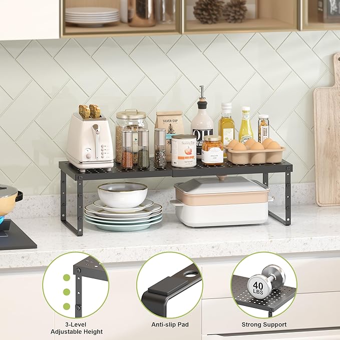 RUILALIFE Expandable Cabinet Organizer Shelf With Adjustable Height, Stackable Kitchen Countertop Organizer Rack, Adjustable Shelf Riser For Kitchen Counter, Pantry, Cupboard, Desk, Tabletop - Image 4