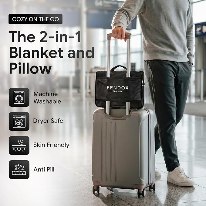 2-in-1 Travel Blanket and Pillow – Lightweight, Compact, Ultra Soft, Machine Washable – Handle, Luggage Sleeve, Backpack Clip – for Travel Airplane, Car, Office (Black) - Image 2