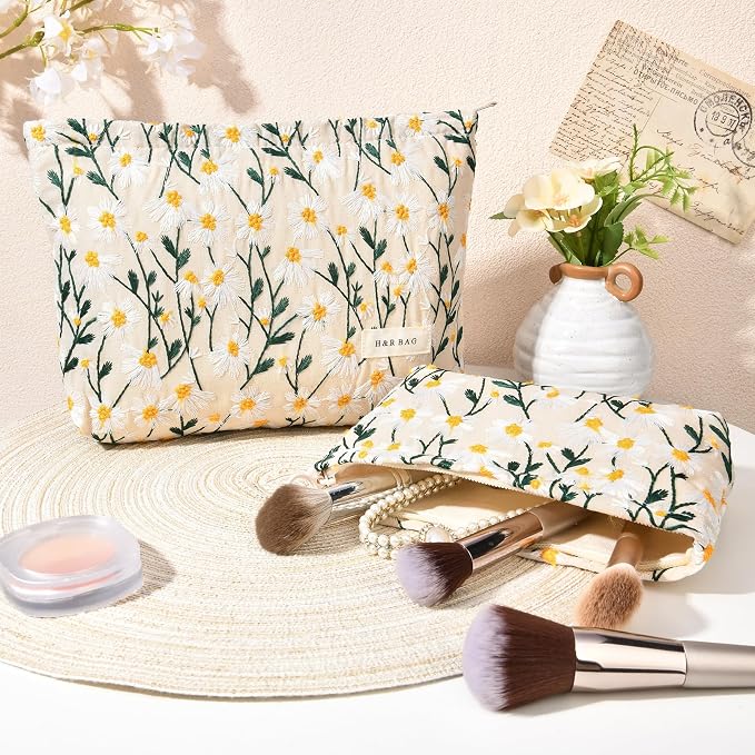 SOIDRAM 2 Pcs Makeup Bag Large Cosmetic Bag Toiletry Bag Makeup Pouch Travel Bag Organizer Cute Makeup Brushes Aesthetic Accessories Storage Bag for Women Daisy Embroidery - Image 6