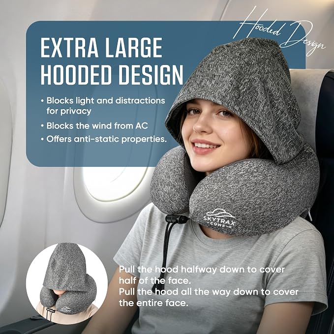 SkytraxComf® Travel Neck Pillow with Hood for Privacy on Long Flights | Memory Foam | Airplane Sleep | Safety-Tested Materials | Extra Large Hood | Chin Support | Earplugs | Washable Cover - Image 2