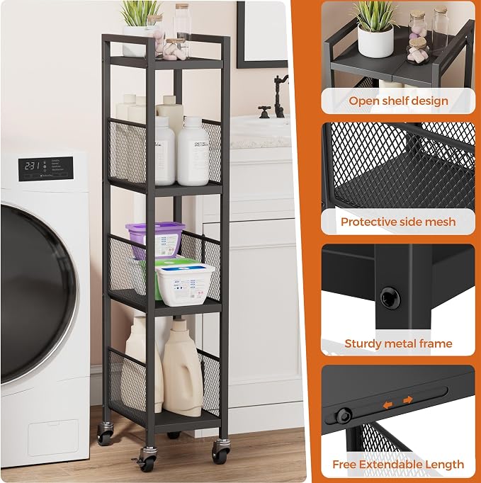4-Tier Expandable Storage Shelving Unit,Slim Storage Cart,Metal | Adjustable Width 8.3" to 12.6", Bathroom Shelves, Narrow Shelf,Rolling Utility Cart, for Laundry, Bathroom,Small Spaces Black - Image 6