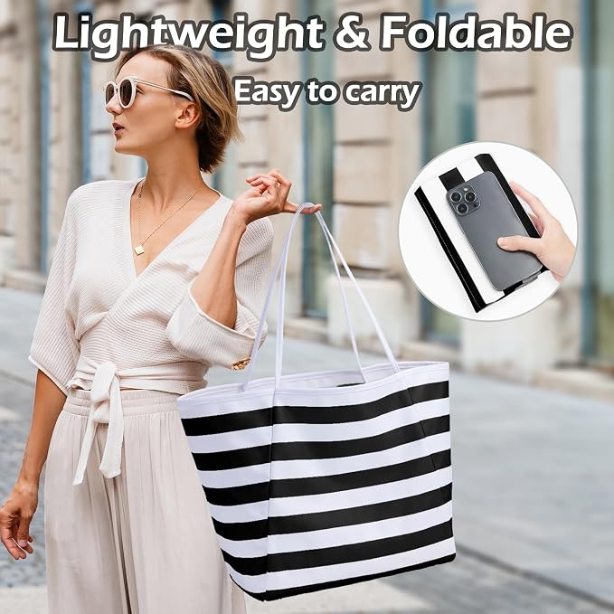 KALIDI Beach Tote Bag Women Large Waterproof Sandproof Shoulder Handbags | Foldable Grocery Bag Striped Pool Bag Lightweight Travel Purse for Picnic Travel Vacation Casual Errands Everyday Daily - Image 5