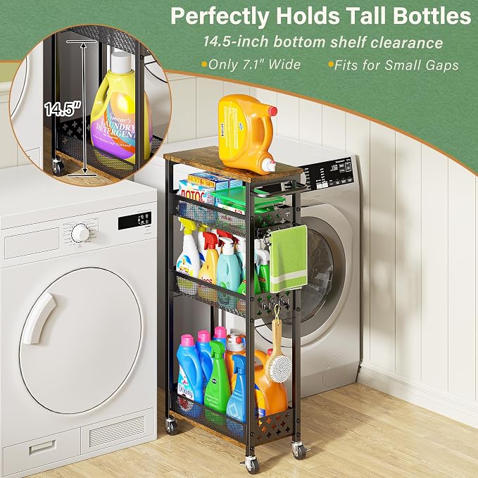 OKZEST Slim Bathroom Organizers and Storage Cart with Toilet Paper Holder | Upgraded metal hub casters, 4-Tier space-saving narrow rolling cart, Premium wood & metal mesh shelves, Holds tall bottles - Image 7