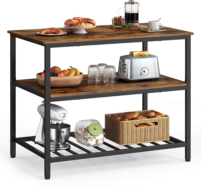 VASAGLE Kitchen Island with 3 Shelves, 39.4 Inches Width Kitchen Shelf with Large Worktop, Stable Steel Structure, Industrial, Easy to Assemble, Rustic Brown and Black UKKI005B01 by Unknown
