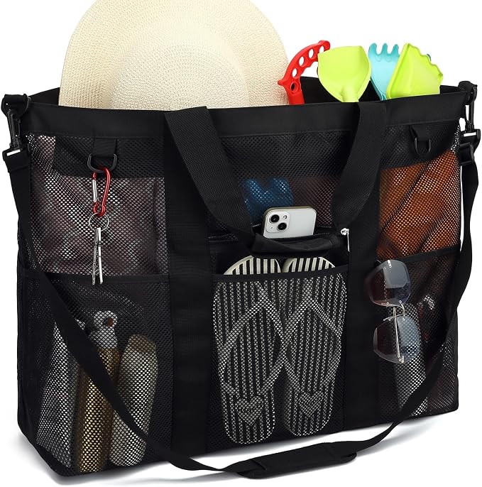 Fammart Mesh Beach Bag for Women, Large Beach Toy Pool Bag with Zipper Pocket, SandProof Cruise Essentials 2026 Family Travel - Image 8