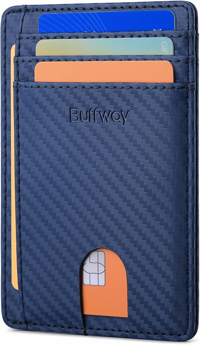 Buffway Slim Minimalist Front Pocket RFID Blocking Leather Wallets for Men and Women - Carbon Fiber Blue by Buffway