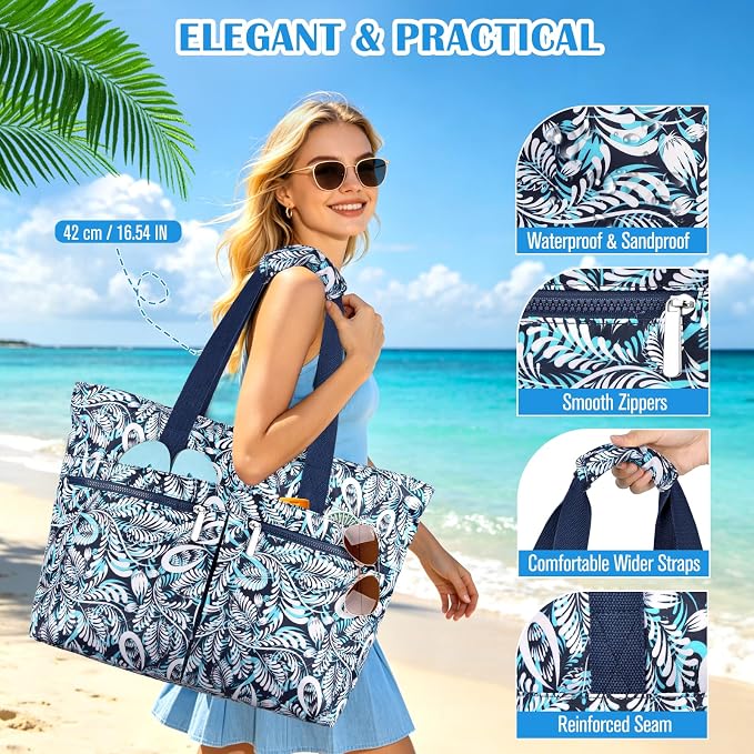 HUANLANG Large Beach Bags for Women Pool Bag with Zipper, Waterproof Sandproof Beach Tote Travel Bag with Wet Pocket - Image 3