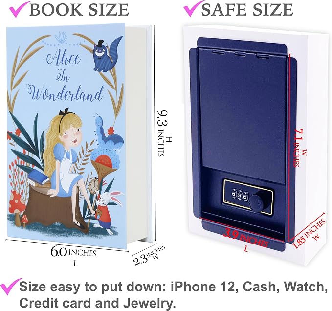 Alice in Wonderland Book Safe with Real Pages, Combination Lock Secret Box | Hidden safe box and hollow storage compartment for cash money. Decorative book box stash case for passport savings. - Image 7