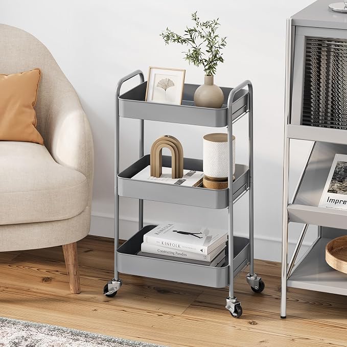 TOOLF 3 Tier Metal Rolling Cart, Utility Storage Cart with Wheels, Grey | Screwless Assembly, Lockable Metal Wheels, Trolley Organizer for Bathroom, Kitchen, Office, Dorm, Laundry, Craft Room - Image 6