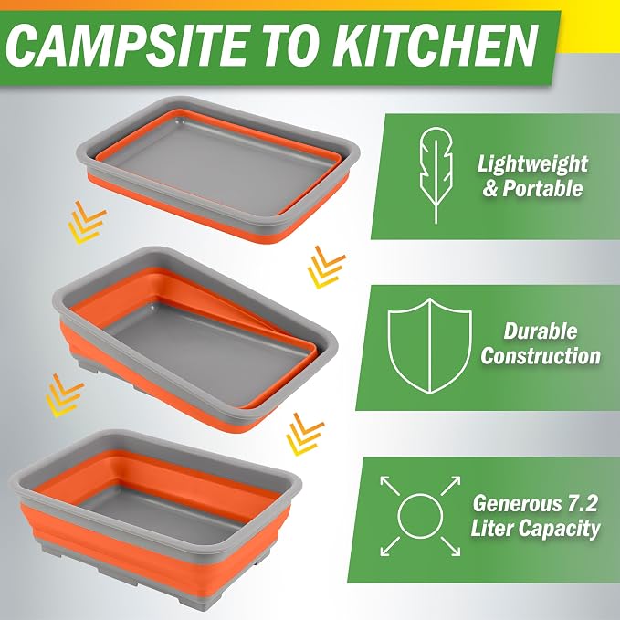Set of 2 Multipurpose Wash Bins – 7.27-Liter Basins for Travel or Cleaning – Collapsible Bucket Camping Accessories by Wakeman (Orange) - Image 4