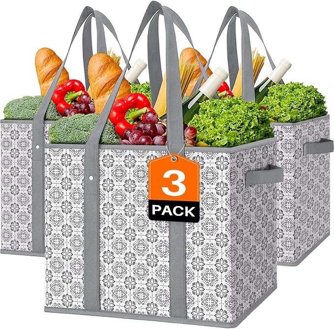 Reusable Grocery Bags 3 Pack, Foldable & Water Resistant Shopping Bags | Large Grocery Tote Bag Water Resistant Shopping Bags Foldable Grocery Bag for Clothes,Shoes and Picnic by WiseLife