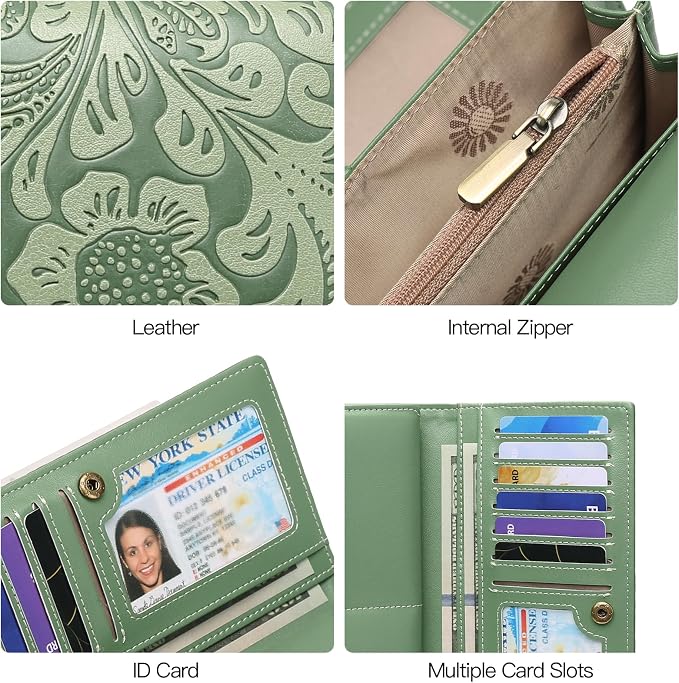 GOIACII Leather Wallets for Women RFID Blocking Western Clutch Green | Embossed Design, Trifold, Large Billfolds, Vintage Flower, Ladies Purses with Zipper Coin Pocket - Image 6