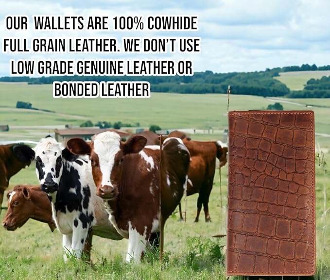 F&L CLASSIC Men's RFID Vintage Look Genuine Leather Long Bifold Wallet Checkbook Wallets,Crocodile style brown,240-70 - Image 5