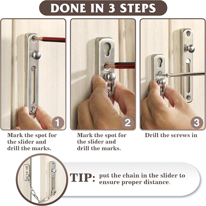 Alise Chain Door Guard Lock，Door Chain Locks with Safety Spring Anti-Theft Press Latch,Chain Locks for Inside Door and Extra Front Door Lock, Brushed Nickel(2 Pack) | Stainless Steel,Door Chain Lock Guard with Spring Anti-Theft Press Button,Door Lock L... - Image 6