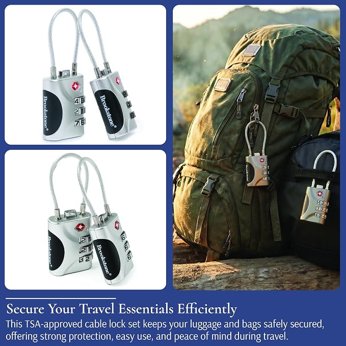 Brookstone Cable Luggage Locks, 2 Pack, TSA Approved, Resettable | 3-Digit Combination Lets You Set Your Own Code, Slim Design Threads Through Zippers or Straps, Great for Bags - Image 4
