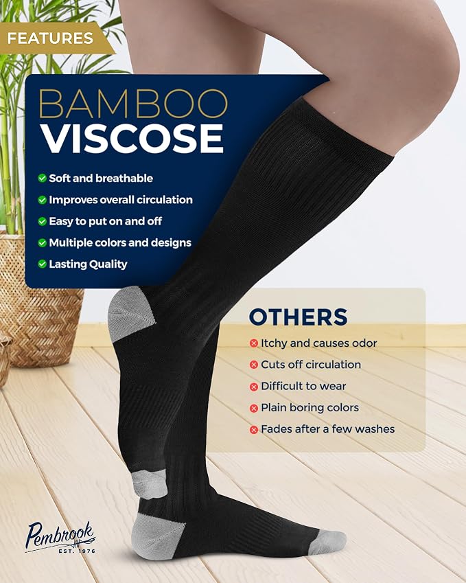 Pembrook® Bamboo Viscose Light Compression Socks - 3 Pairs | 8-15 mmhg Compression Socks | Knee High Comfort Support Socks - Image 4