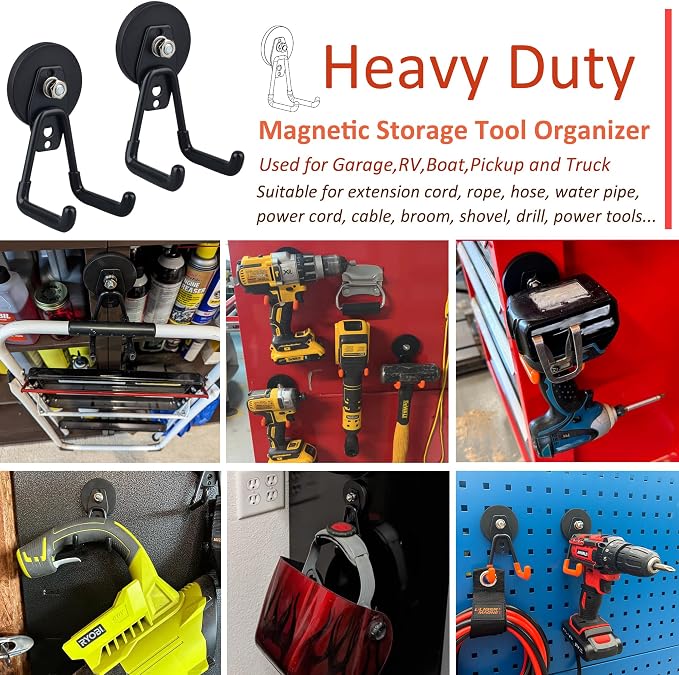 ULIBERMAGNET Heavy Duty Magnetic Garage Hooks,4 Pack Strong Large Magnet Hook for Power Drill,Garden Tools,Hose,Pegboard,Garage, Workshop,Magnetic Storage Hooks for Indoor Outdoor Hanging(Black) - Image 2