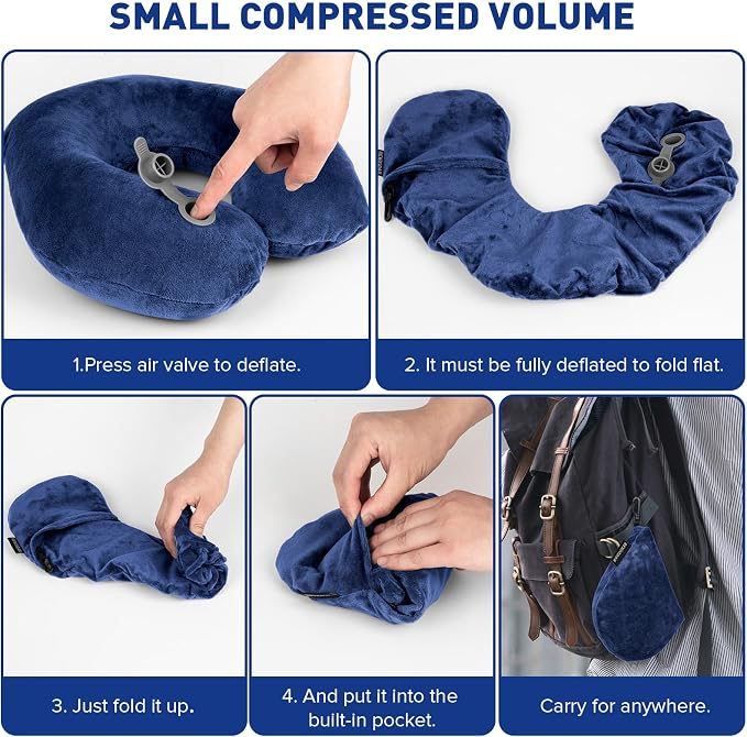 Rewondah Neck Pillows for Travel, Inflatable Travel Pillow, Inflatable Neck Pillow for Traveling Airplane with Soft Velour Washable Cover, U Shape Blow Up Neck Pillow for Airplanes Train Car Travel - Image 6