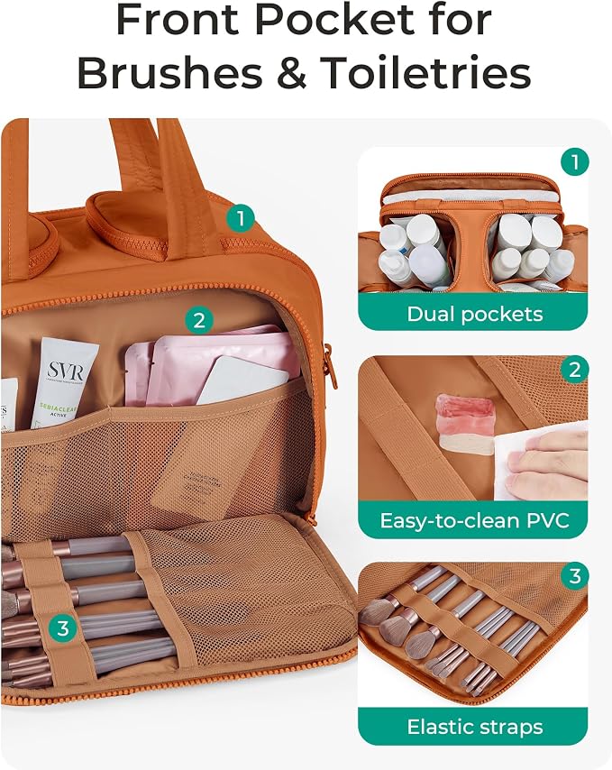 BAGSMART Travel Toiletry Bag, Puffy Toiletry Bag for Women, Wide-open toiletry bags for traveling, Large Travel Cosmetic Makeup Bag Organizer for Accessories,Toiletrie (Sandstore Brown) - Image 2