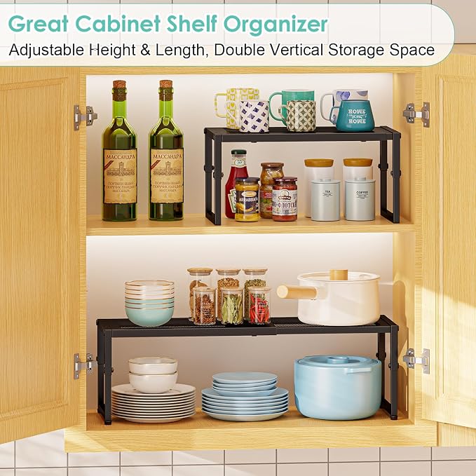 2 Pack Expandable Kitchen Cabinet Shelf Organizer, 15.5"-25.5" Long Adjustable Storage Shelves Organizers for Kitchen Countertop Pantry Cupboard Table Desk Counter, Stackable, 30LBS Load Capacity - Image 5