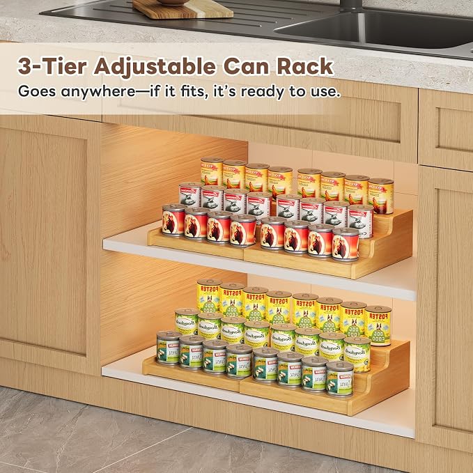 Expandable Bamboo Can Display Organizer for Pantry, 3-Tier Can Storage | Easy-Access Adjustable Can Shelf for Cabinets, Storage for Canned Goods & Soda Cans, Holds Up to 24 Cans (Patent Pending) - Image 7