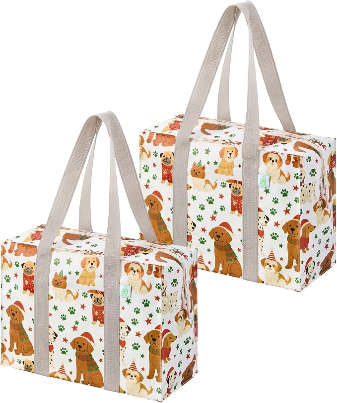 VENO 2 Pack Utility Tote Reusable Grocery Bags with Zipper & Hard Bottom | Heavy Duty Foldable Water-Resistant Shopping Bags for Summer Beach, Pool, Picnic & Travel Carry-on (Holiday Pups, 2 Pack) by Veno