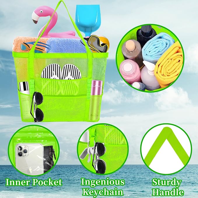 Large Mesh Beach Bag - Lightweight & Foldable Family Beach Bag with 9 Pockets for Toys, Towels & Vacation Essentials - Image 5
