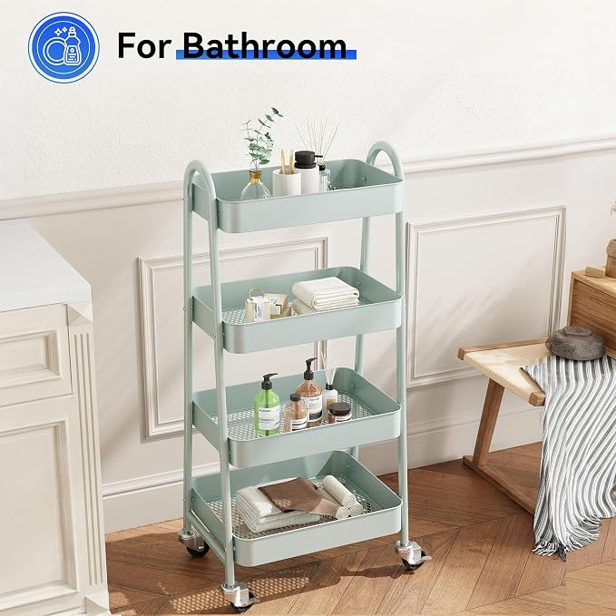 OLIXIS Metal 4 Tiers Rolling Storage Utility Cart with Lockable Wheels | Mobile Organizer Shelf, Space-Saving, Freestanding, Bathroom, Living Room, Slim, Narrow Corner Spaces, Green - Image 5