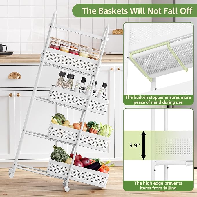 KINGRACK 5 Tier Slim Rolling Cart with Drawer, Metal Utility Storage Cart | 4 Pull-out Baskets, Lockable Wheels, Narrow Space Trolley Organizer for Bathroom, Kitchen, Office, Dorm, Laundry Room, White - Image 4